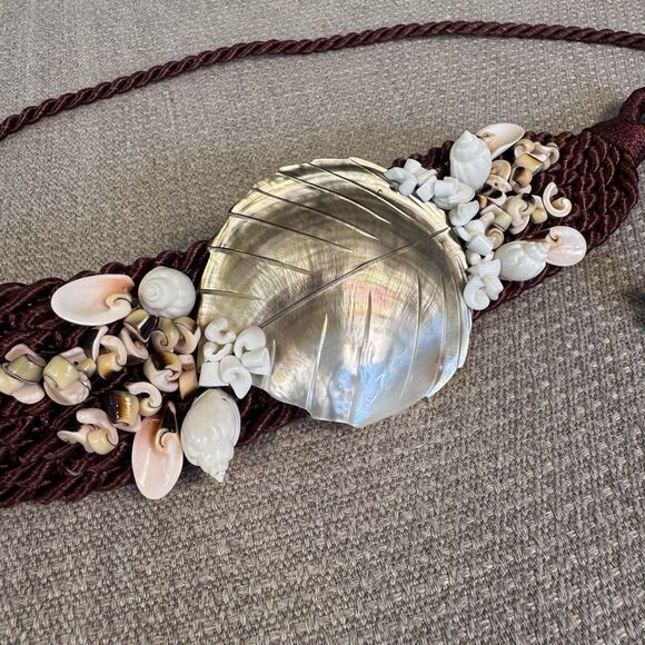 Vintage Macrame Tie Belt Abalone Shell Beads Boho Hippie Mermaid Coastal 569 main image 6